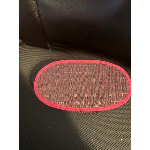 Oval Woven Vanity Case Cosmetic Bag Pink Trim Red Lined Closure Handle - Picture 4 of 7